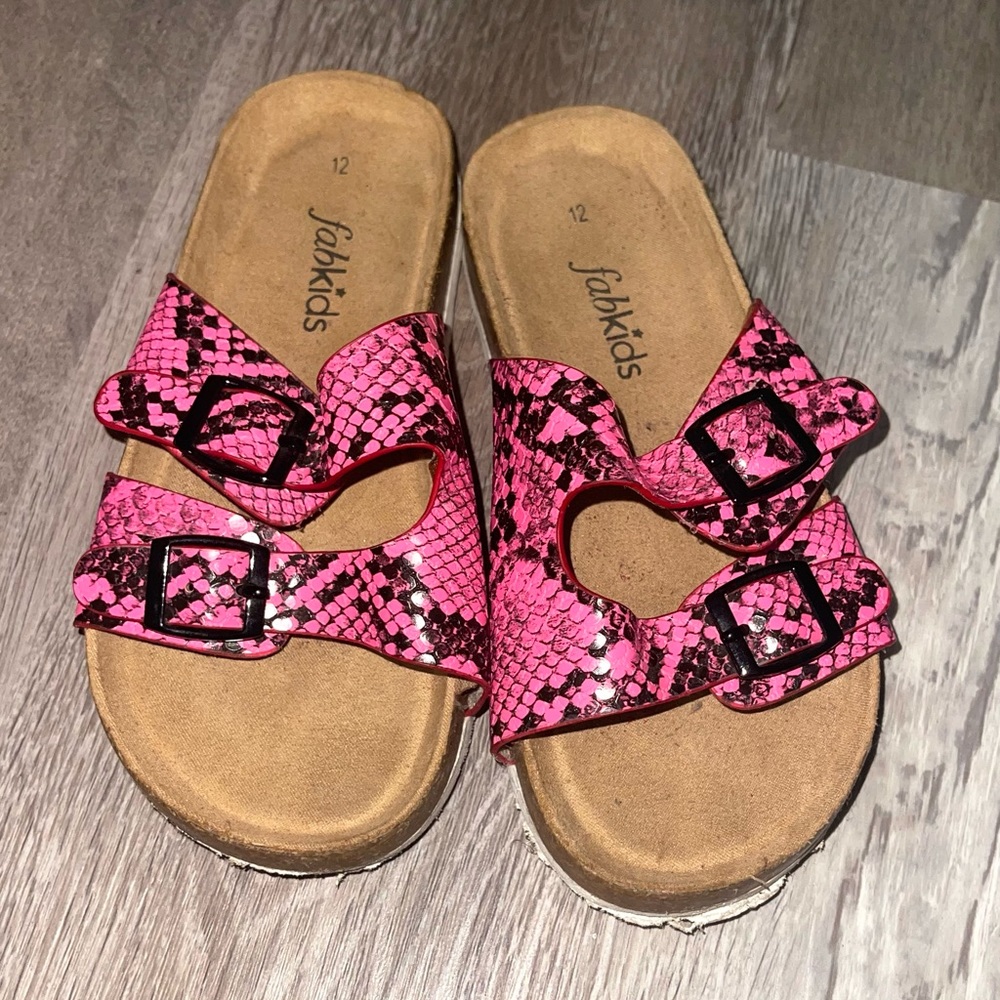FabKids Faux Snake Skin Pink & Black Sandals - Size 12